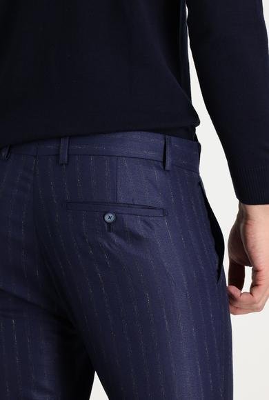Erkek Giyim - KOYU LACİVERT 44 Beden Super Slim Fit Ekstra Dar Kesim Desenli Klasik Kumaş Pantolon
