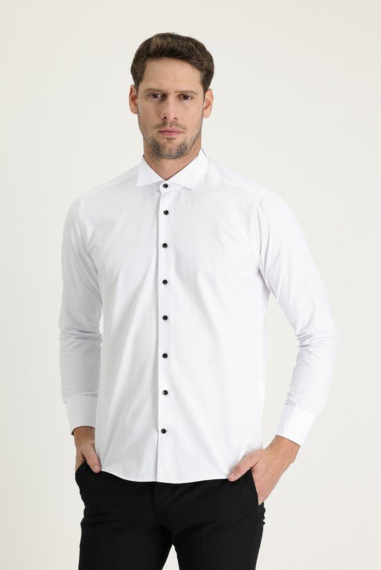 Erkek Giyim - Uzun Kol Ata Yaka Slim Fit Dar Kesim Pamuklu Gömlek