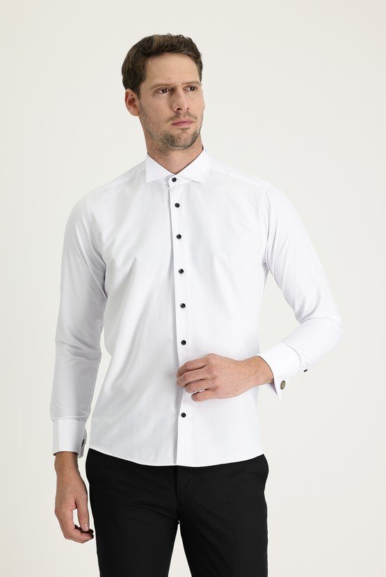 Erkek Giyim - Uzun Kol Ata Yaka Slim Fit Dar Kesim Pamuklu Gömlek