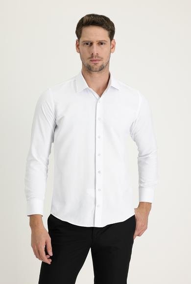 Erkek Giyim - BEYAZ XXL Beden Uzun Kol Slim Fit Dar Kesim Klasik Desenli Pamuklu Gömlek