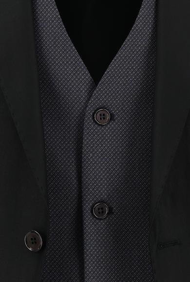 Erkek Giyim - Siyah 52 Beden Slim Fit Dar Kesim Kombinli Yelekli Takım Elbise