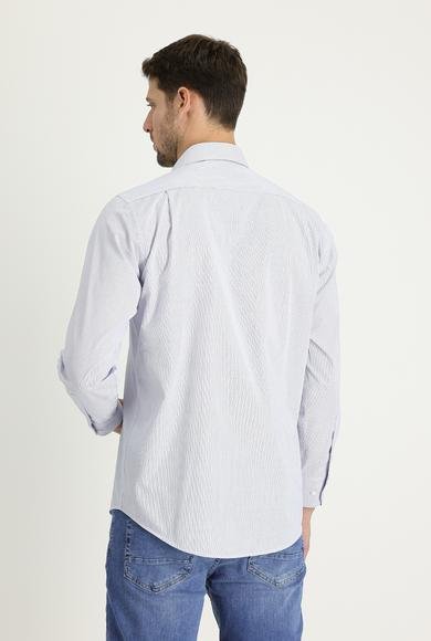 Erkek Giyim - ORTA LACİVERT 3X Beden Uzun Kol Regular Fit Çizgili Pamuklu Gömlek