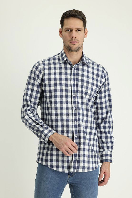 Erkek Giyim - Uzun Kol Relax Fit Rahat Kesim Oversize Ekose Pamuk Gömlek