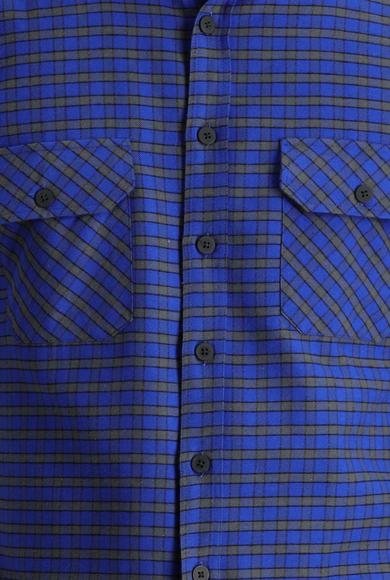 Erkek Giyim - SAKS MAVİ XL Beden Uzun Kol Slim Fit Dar Kesim Ekose Shacket Oduncu Gömlek