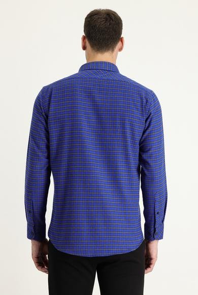 Erkek Giyim - SAKS MAVİ XL Beden Uzun Kol Slim Fit Dar Kesim Ekose Shacket Oduncu Pamuklu Gömlek