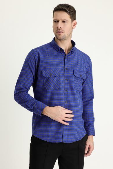 Erkek Giyim - SAKS MAVİ XL Beden Uzun Kol Slim Fit Dar Kesim Ekose Shacket Oduncu Pamuklu Gömlek