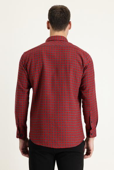 Erkek Giyim - AÇIK KIRMIZI XL Beden Uzun Kol Slim Fit Dar Kesim Ekose Shacket Oduncu Gömlek