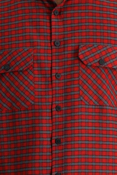 Erkek Giyim - AÇIK KIRMIZI XL Beden Uzun Kol Slim Fit Dar Kesim Ekose Shacket Oduncu Gömlek