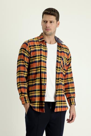 Erkek Giyim - ORTA TURUNCU XL Beden Uzun Kol Regular Fit Ekose Oduncu Pamuklu Gömlek