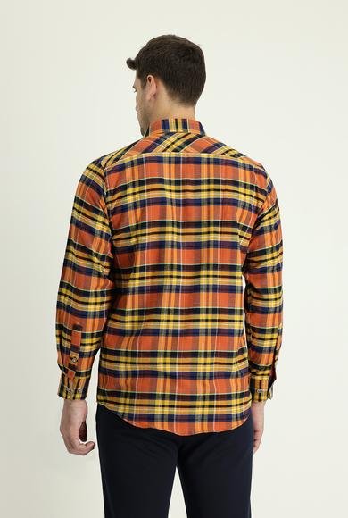 Erkek Giyim - ORTA TURUNCU XL Beden Uzun Kol Regular Fit Ekose Oduncu Pamuklu Gömlek