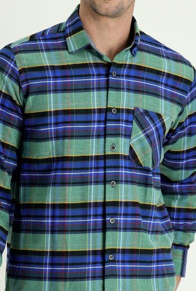 Erkek Giyim - KOYU MAVİ M Beden Uzun Kol Regular Fit Ekose Oduncu Pamuklu Gömlek