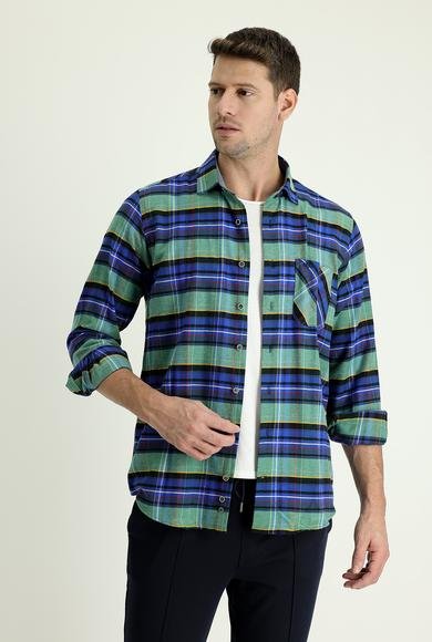 Erkek Giyim - KOYU MAVİ M Beden Uzun Kol Regular Fit Ekose Oduncu Pamuklu Gömlek