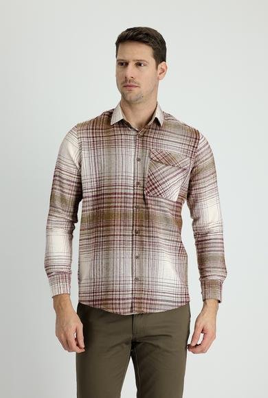 Erkek Giyim - KOYU BORDO XL Beden Uzun Kol Ekose Shacket Oduncu Pamuklu Gömlek