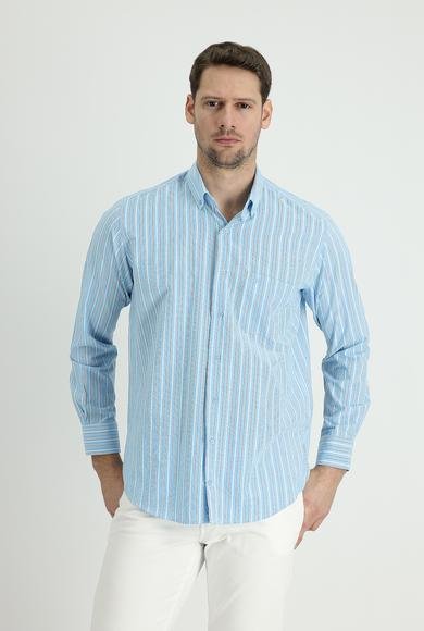 Erkek Giyim - AÇIK TURKUAZ XL Beden Uzun Kol Regular Fit Çizgili Pamuk Spor Gömlek