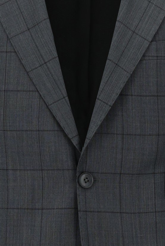 Erkek Giyim - Slim Fit Dar Kesim Yünlü Kareli Takım Elbise