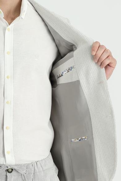 Erkek Giyim - AÇIK GRİ 54 Beden Relax Fit Rahat Kesim Çizgili Keten Ceket