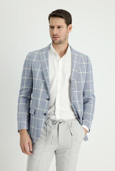 Erkek Giyim - MAVİ 64 Beden Regular Fit Ekose Keten Ceket