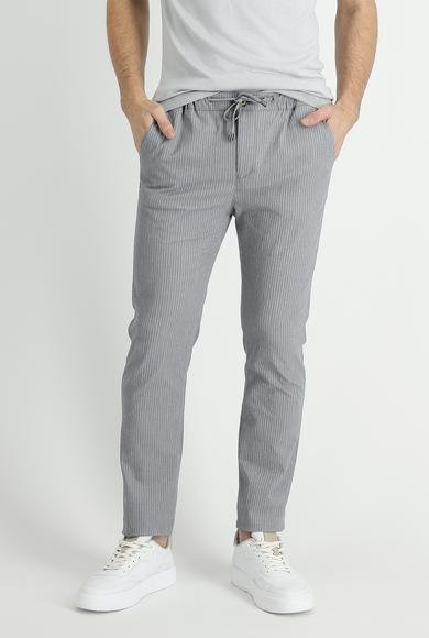Erkek Giyim - ORTA GRİ 54 Beden Slim Fit Dar Kesim Beli Lastikli İpli Çizgili Likralı Klasik Kumaş Pantolon
