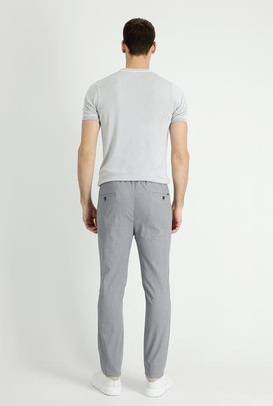 Erkek Giyim - ORTA GRİ 54 Beden Slim Fit Dar Kesim Beli Lastikli İpli Çizgili Likralı Klasik Kumaş Pantolon