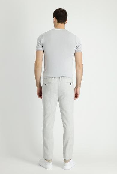 Erkek Giyim - AÇIK GRİ 58 Beden Slim Fit Dar Kesim Beli Lastikli İpli Desenli Keten Kumaş Pantolon