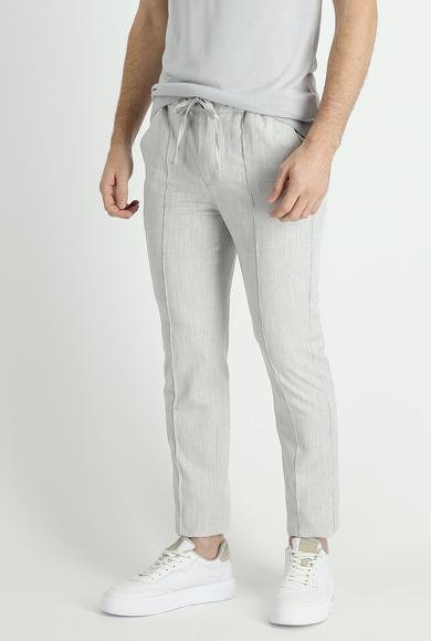 Erkek Giyim - AÇIK GRİ 58 Beden Slim Fit Dar Kesim Beli Lastikli İpli Desenli Keten Kumaş Pantolon