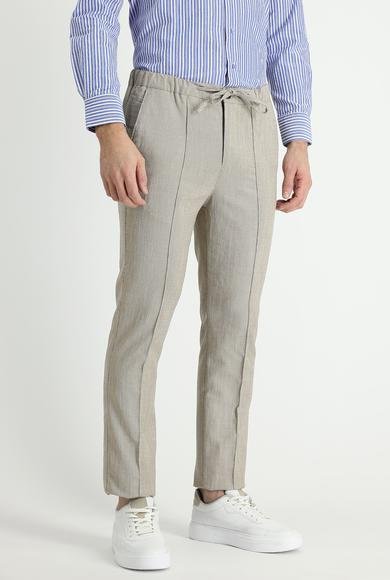 Erkek Giyim - AÇIK KAHVE 40 Beden Slim Fit Dar Kesim Beli Lastikli İpli Desenli Keten Kumaş Pantolon