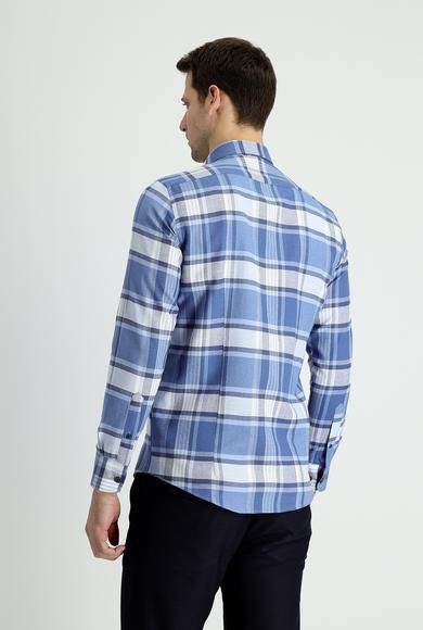 Erkek Giyim - HAVACI MAVİ XL Beden Uzun Kol Slim Fit Dar Kesim Ekose Oduncu Pamuklu Gömlek