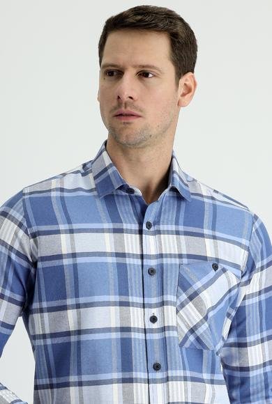 Erkek Giyim - HAVACI MAVİ XL Beden Uzun Kol Slim Fit Dar Kesim Ekose Oduncu Pamuklu Gömlek