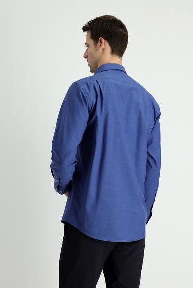 Erkek Giyim - ORTA LACİVERT 4X Beden Uzun Kol Regular Fit Keten Görünümlü Pamuk Gömlek