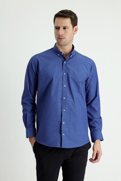Erkek Giyim - ORTA LACİVERT 4X Beden Uzun Kol Regular Fit Keten Görünümlü Pamuk Gömlek