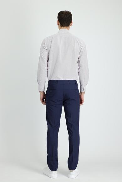 Erkek Giyim - ORTA LACİVERT 50 Beden Slim Fit Dar Kesim Desenli Likralı Klasik Kumaş Pantolon