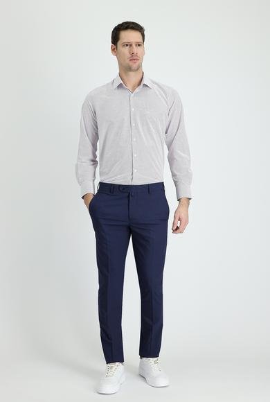 Erkek Giyim - ORTA LACİVERT 50 Beden Slim Fit Dar Kesim Desenli Likralı Klasik Kumaş Pantolon