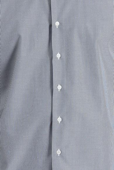 Erkek Giyim - KOYU LACİVERT L Beden Uzun Kol Slim Fit Dar Kesim Klasik Çizgili Pamuklu Gömlek