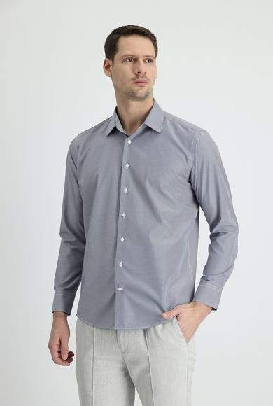 Erkek Giyim - KOYU LACİVERT L Beden Uzun Kol Slim Fit Dar Kesim Klasik Çizgili Pamuklu Gömlek