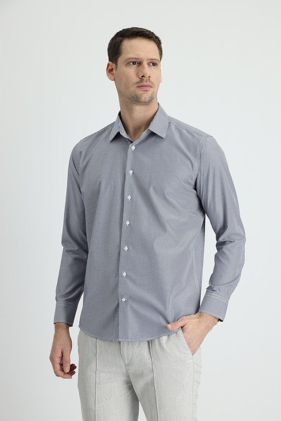 Erkek Giyim - Uzun Kol Slim Fit Dar Kesim Klasik Çizgili Pamuklu Gömlek