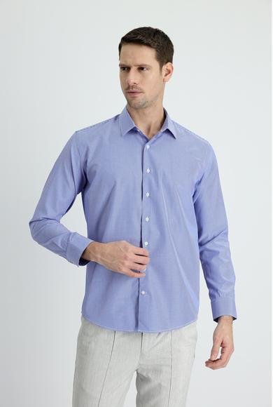 Erkek Giyim - KOYU MAVİ XL Beden Uzun Kol Slim Fit Dar Kesim Klasik Çizgili Pamuklu Gömlek