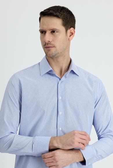 Erkek Giyim - AÇIK MAVİ XL Beden Uzun Kol Slim Fit Dar Kesim Klasik Çizgili Pamuklu Gömlek