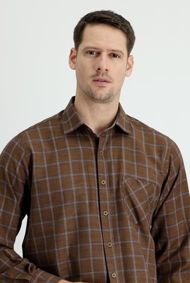 Erkek Giyim - ORTA KAHVE 4X Beden Uzun Kol Regular Fit Ekose Oduncu Pamuklu Gömlek