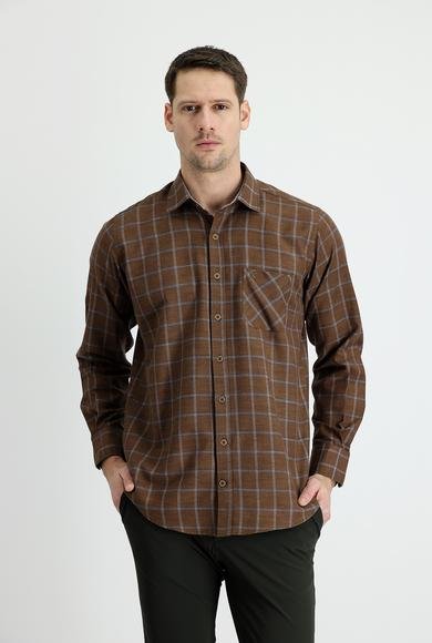 Erkek Giyim - ORTA KAHVE 4X Beden Uzun Kol Regular Fit Ekose Oduncu Pamuklu Gömlek