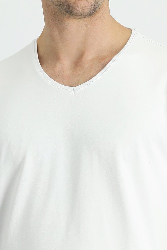 Erkek Giyim - V Yaka Regular Fit Nakışlı Pamuklu Süprem Tişört
