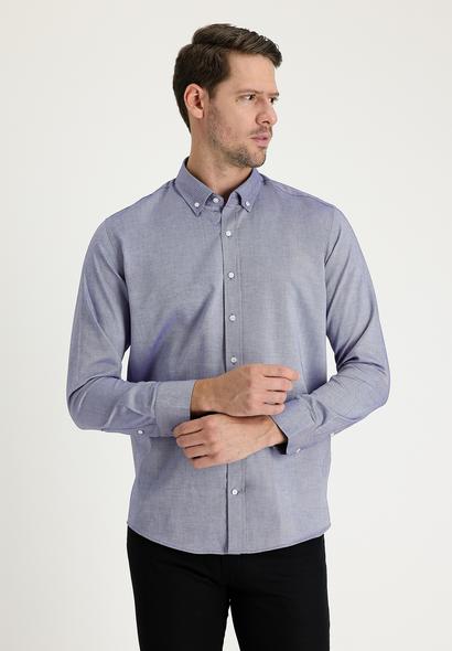 Erkek Giyim - KOYU LACİVERT XXL Beden Uzun Kol Slim Fit Dar Kesim Oxford Pamuk Düğmeli Yaka Gömlek