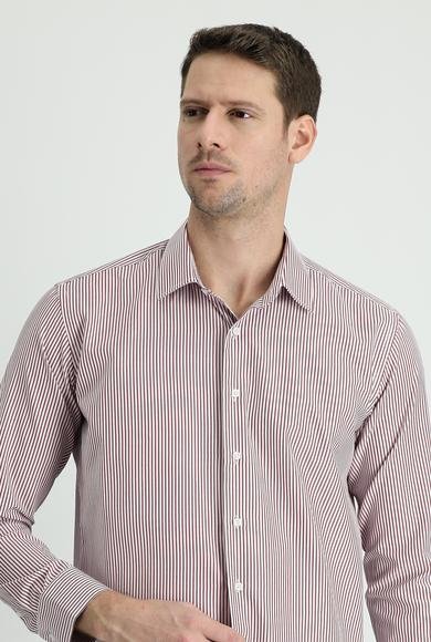 Erkek Giyim - AÇIK BORDO XXL Beden Uzun Kol Slim Fit Dar Kesim Çizgili Pamuklu Gömlek
