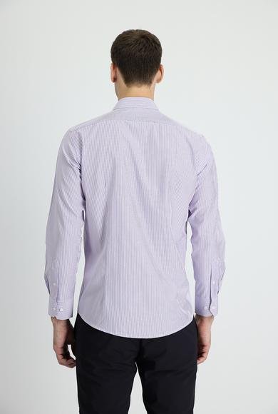 Erkek Giyim - LİLA L Beden Uzun Kol Slim Fit Dar Kesim Çizgili Pamuklu Gömlek