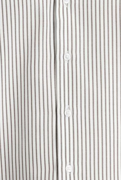 Erkek Giyim - ORTA HAKİ L Beden Uzun Kol Slim Fit Dar Kesim Çizgili Gömlek