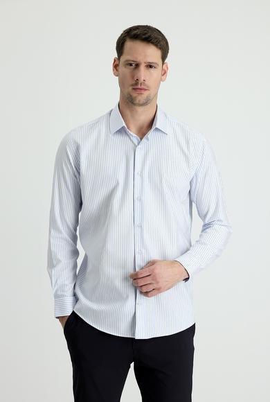 Erkek Giyim - AÇIK MAVİ XXL Beden Uzun Kol Slim Fit Dar Kesim Çizgili Gömlek
