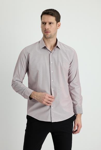 Erkek Giyim - AÇIK BORDO XXL Beden Uzun Kol Slim Fit Dar Kesim Klasik Çizgili Pamuklu Gömlek