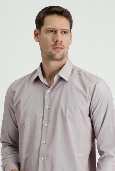 Erkek Giyim - AÇIK BORDO XXL Beden Uzun Kol Slim Fit Dar Kesim Klasik Çizgili Pamuklu Gömlek