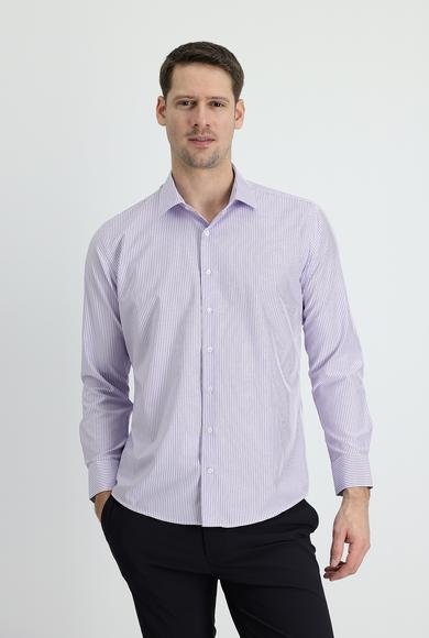 Erkek Giyim - LİLA L Beden Uzun Kol Slim Fit Dar Kesim Çizgili Pamuklu Gömlek
