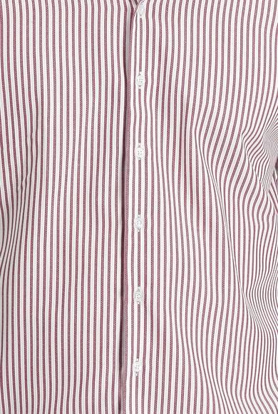 Erkek Giyim - AÇIK BORDO S Beden Uzun Kol Slim Fit Dar Kesim Çizgili Pamuklu Gömlek