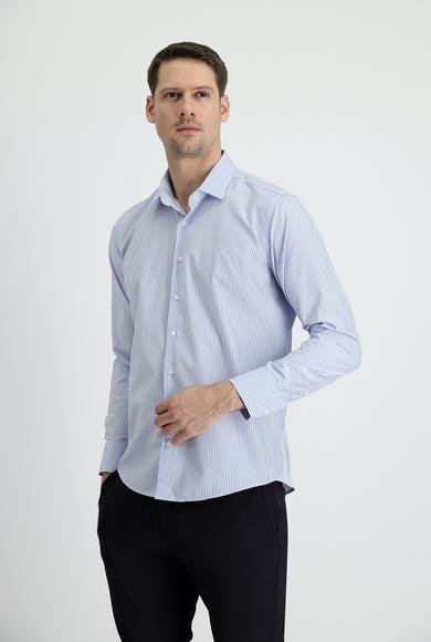 Erkek Giyim - AÇIK MAVİ XXL Beden Uzun Kol Slim Fit Dar Kesim Çizgili Pamuklu Gömlek
